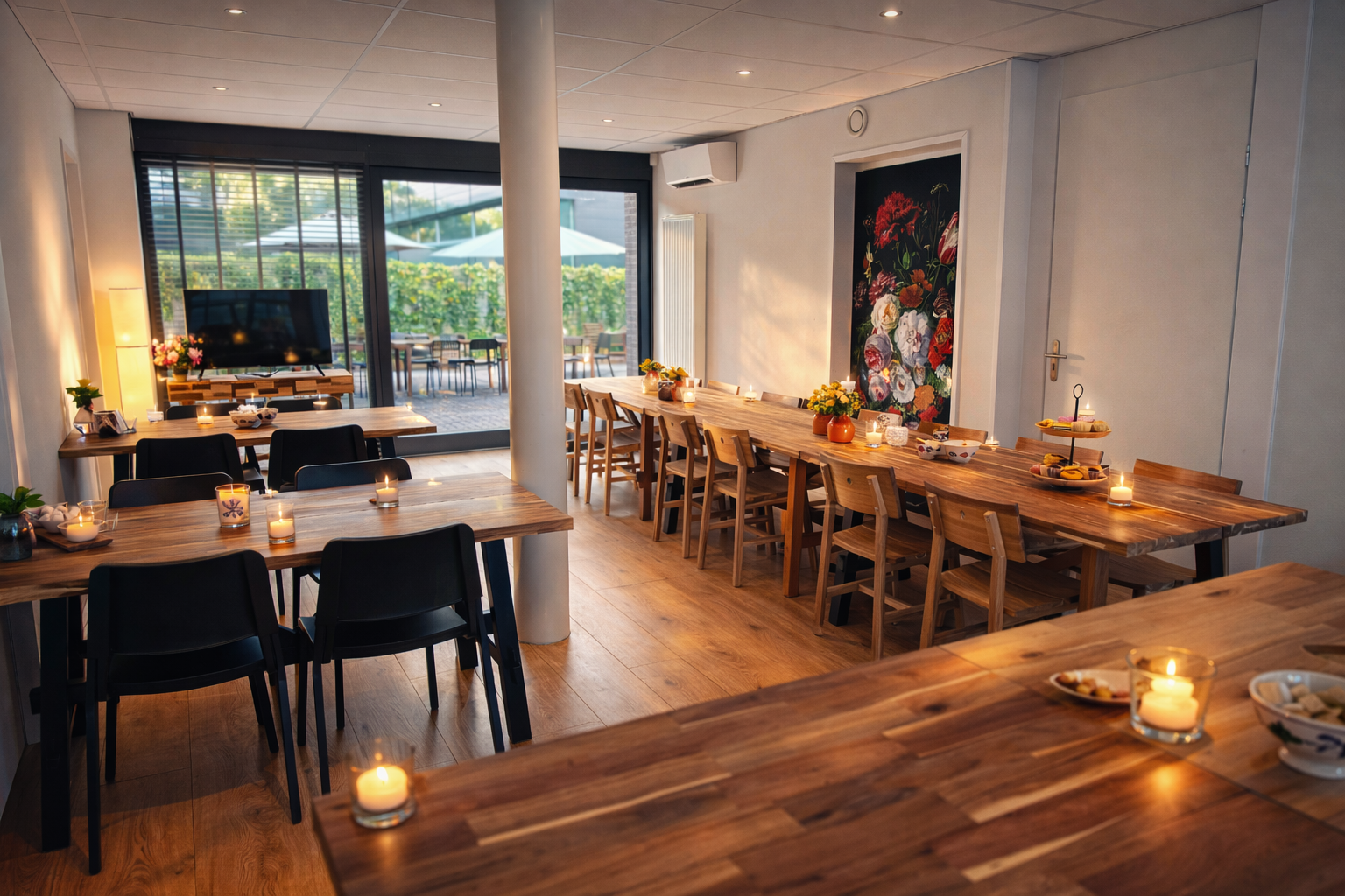 Grote ontmoetingsruimte met houten tafels, kaarsen en uitzicht op het privéterras