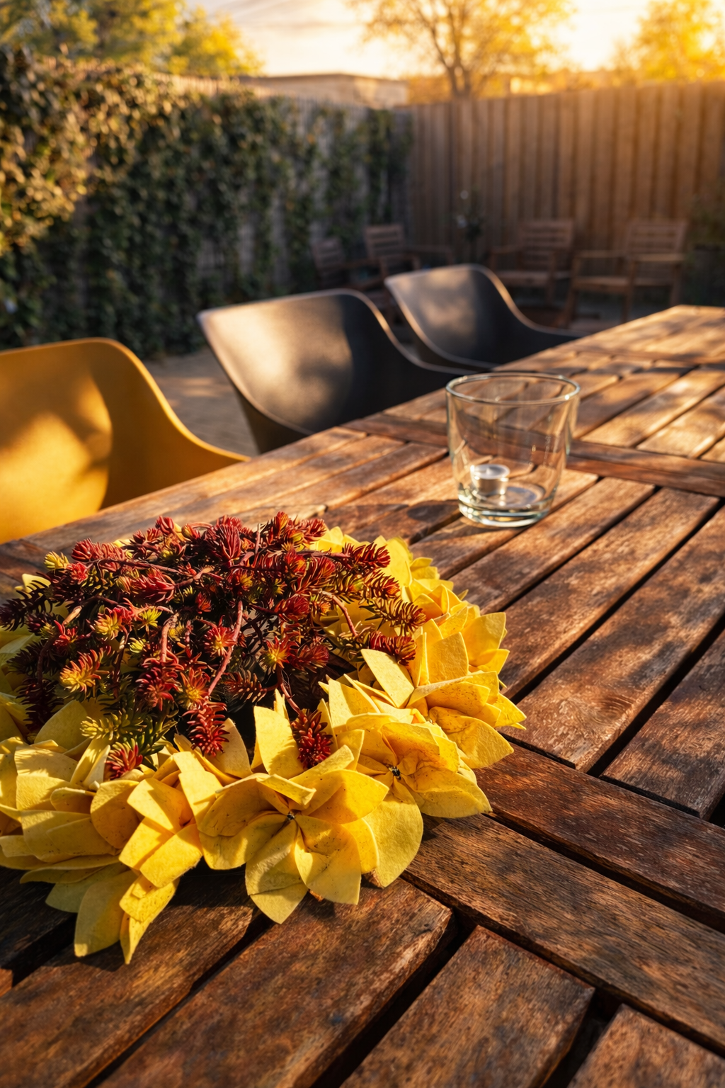 Besloten buitenterras met een houten tafel en zitplaatsen
